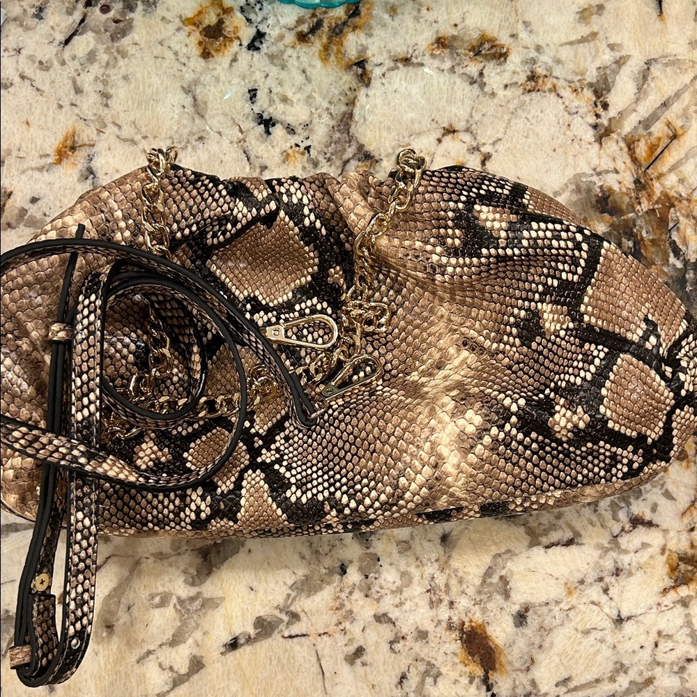 INC International Concepts Snake-Print Clutch in Brown and Black with Gold Chain